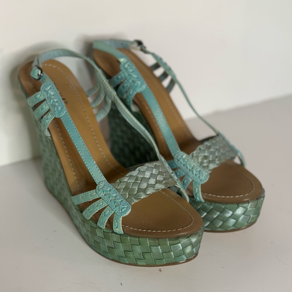 Miss Me - teal woven slingback wedges